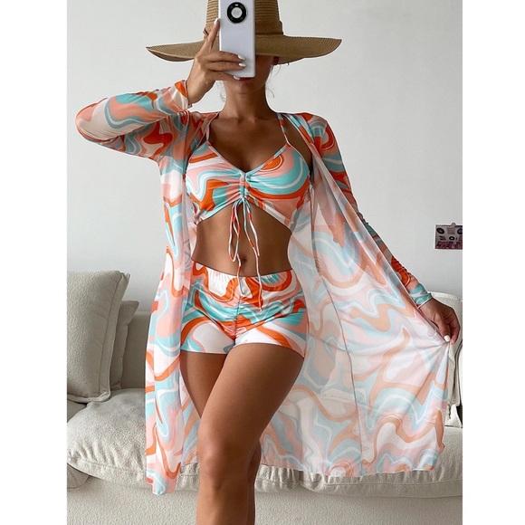 Retro 3 Pcs Set Orange Blue White Psychedelic Bikini & Coverup - Picture 1 of 15